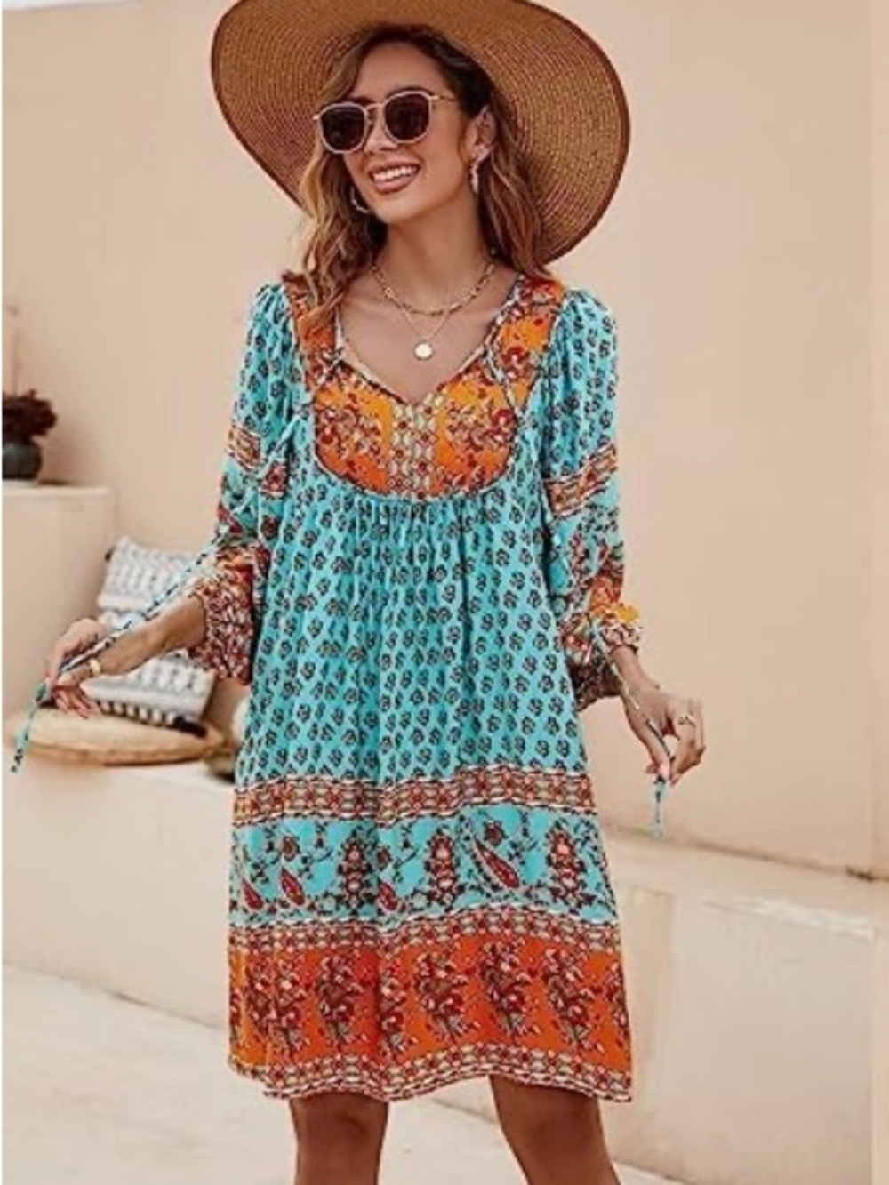 Beautiful Boho Floral Tiered  Dress or Long Flowy Top in Turquoise and Orange